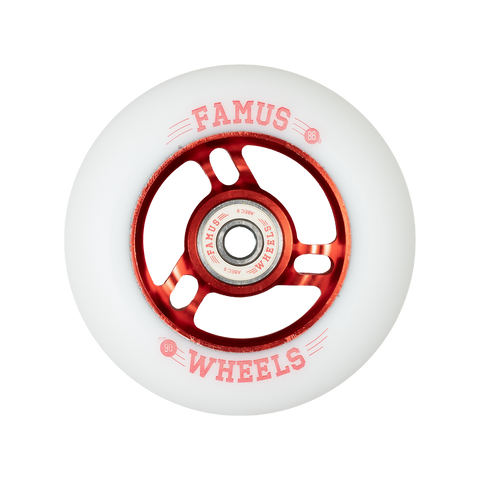 FAMUS WHEELS - Set of 4 - Inline FAMUS WHEELS - 90MM/86A - Red/White - Metal Core 90mm Inline Wheels - Sale