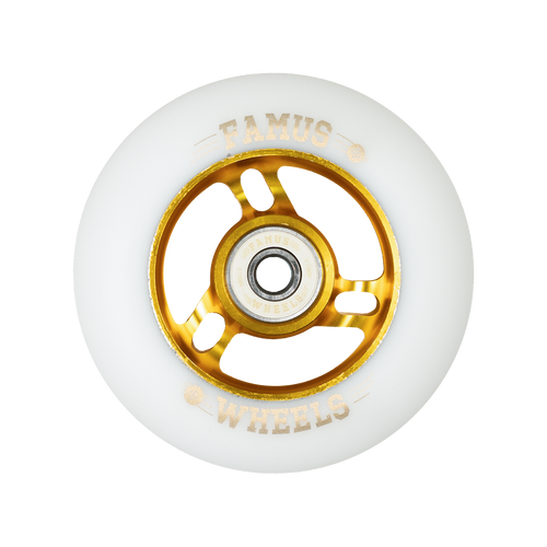 FAMUS WHEELS - Set of 4 - Inline FAMUS WHEELS - 90MM/86A - Gold/White - Metal Core 90mm Inline Wheels - Sale