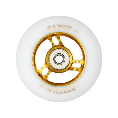 FAMUS WHEELS - Set of 4 - Inline FAMUS WHEELS - 90MM/86A - Gold/White - Metal Core 90mm Inline Wheels - Sale