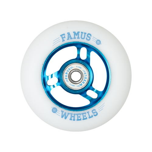 FAMUS WHEELS - Set of 4 -  Inline FAMUS WHEELS - 90MM/86A - White/Blue - Metal Core 90mm Inline Wheels - Sale