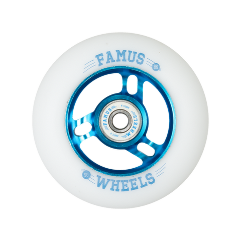 FAMUS WHEELS - Set of 4 -  Inline FAMUS WHEELS - 90MM/86A - White/Blue - Metal Core 90mm Inline Wheels - Sale