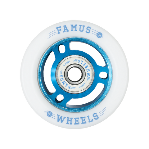 FAMUS WHEELS - Set of 4 - QUAD 60/33MM/84A - BLUE/ WHITE Metal Core 60mm Rollerskate Wheels - Sale