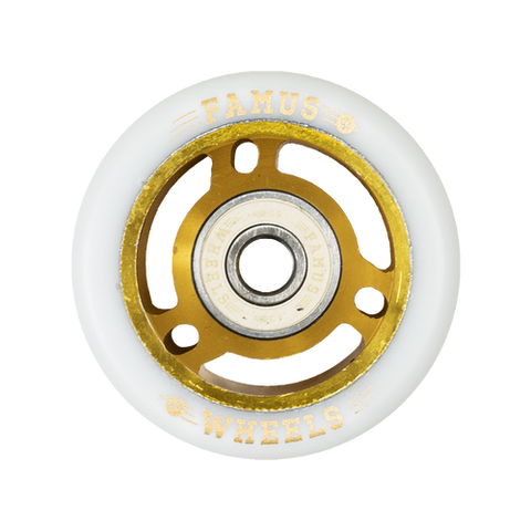 FAMUS WHEELS - Set of 4 - QUAD 56/29MM/92A - GOLD/ WHITE Metal Core 56mm Rollerskate Wheels - Sale
