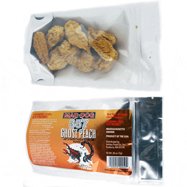 Mad Dog 357 Jay's Ghost Peach Scorpion Pepper Pods 7 gram pack.